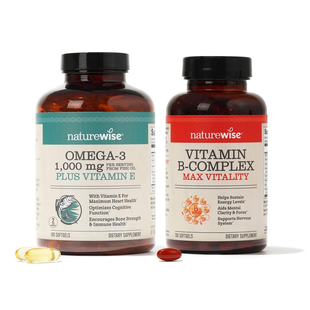 NatureWise 1000mg Omega 3 600mg EPA 400mg DHA 配有维生素E 180ct和维生素B Complex for Women and Men 150 Softgels [5-Month Supplement] (英语).