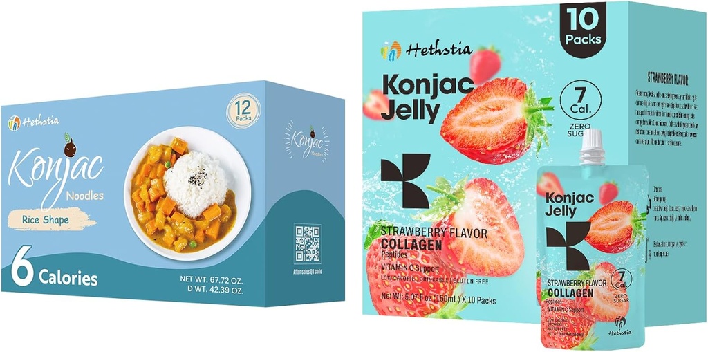 Hethstia Konjac Jelly Strawberry Flavor 配有Collagen Peptides 10 Packs和Konjac Rice Gluten Free 12 Packs 低卡路里,Keto,无糖,健康食品