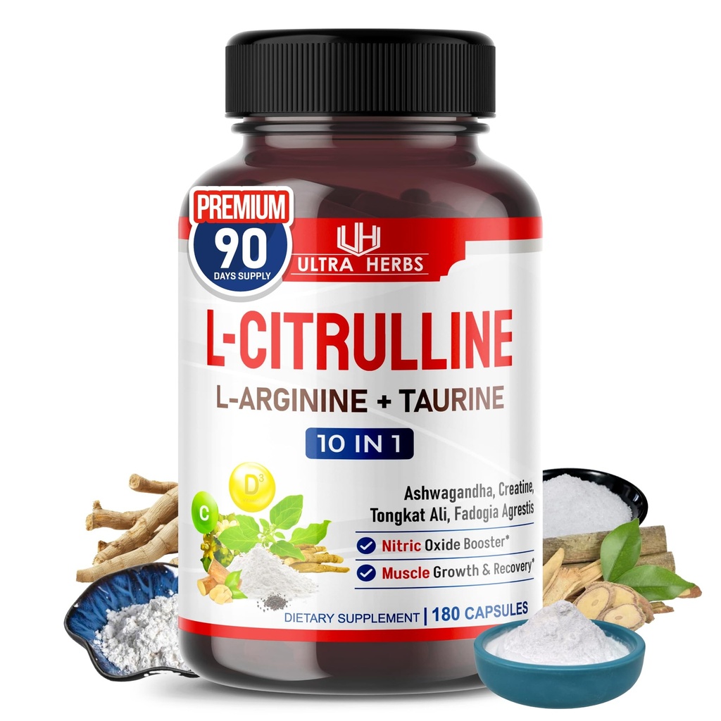 L-Citrulline Capsules 富含L-Arginine, Taurine, Creatine, Tongkat Ali, Fadogia Agrestis – 肌肉耐力的超硝基氧化物助推器, Stamina 和回收 – 180 Capsules