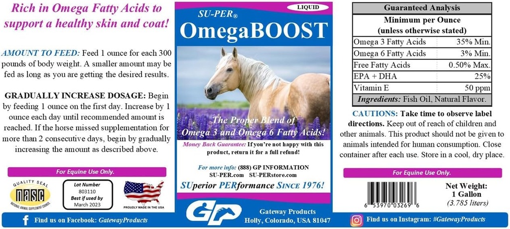 SU-PER OmegaBOOOST 鱼油换马 - Premium Omega 3和Omega 6 脂肪酸补充 - 支持健康皮肤和可可 - 1加仑