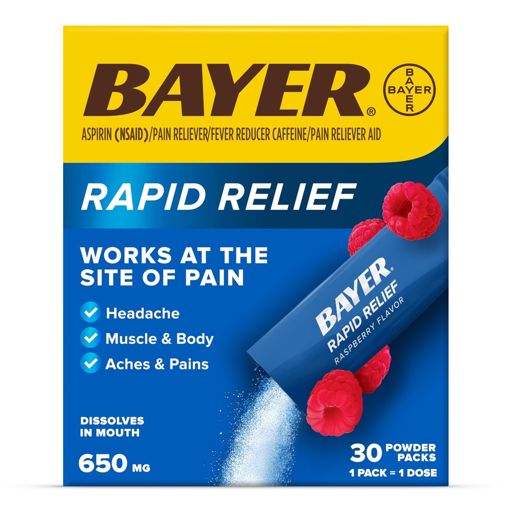 Bayer快速救济粉包 配有 Aspirin & Cafeine, 易溶性快速动作止痛 头痛,肌肉和身体疼痛, Raspberry Flavor(包装可能有所不同), 包装 3 x 10 个计数