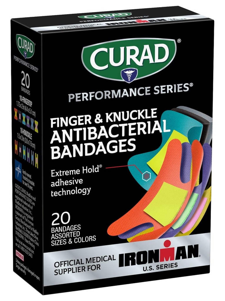 CURAD 性能系列 IRONMAN 抗菌带, 极端持有粘附技术, 手指和 Knuckle 带, 弹性纤维, 具有不同大小和颜色的品种包, 20 个计数