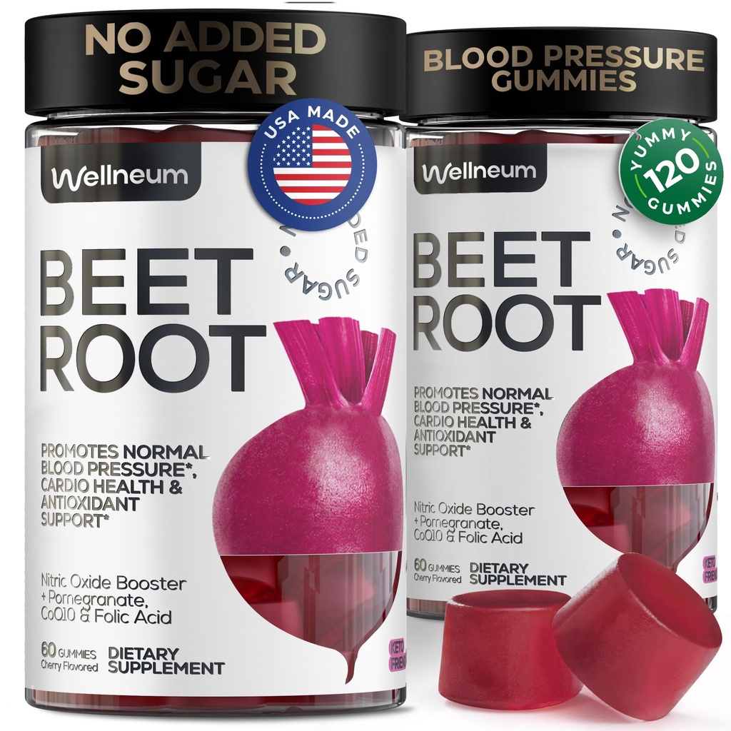 甜菜用于高血压 120 Pcs (2 Pack) - 配有石榴汁汁粉的甜菜根(Bet Root Chews) - Nitric Oxide Gummys for Energy, Cardio Health - Gummy Supplement for Men and Women - 无糖