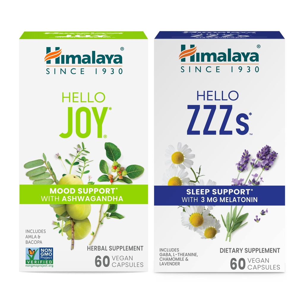 喜马拉雅 Hello Joy with Ashwagandha for Ideating Mood and Spirits & Hello ZZZs with Melatonin for Sleep Support, 60 Capsules Each - Bundle (英语).