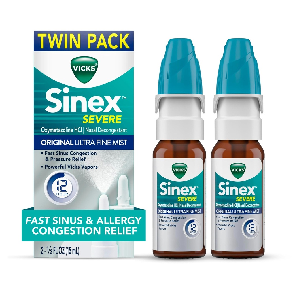 Vicks Sinex SEVERE 过敏性鼻喷雾、原始超细雾、解毒药、因冷或过敏而免于鼻咽吸收、消毒压力缓解、265喷雾x2