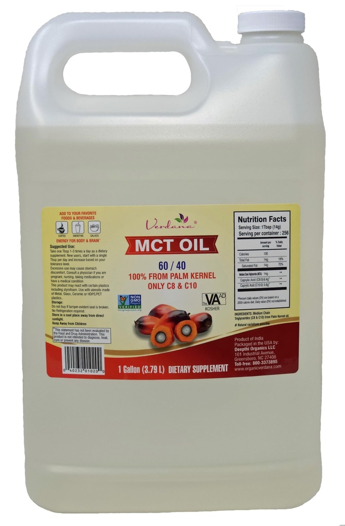 Verdana Food Grade MCT Oil – 1 Gallon (128 Fl Oz) – Premium C8/C10 三甘油酸盐 – Keto & Paleo Friendly – 非GMO, Kosher – 能源、体育营养、阿罗马疗法和按摩信托品牌