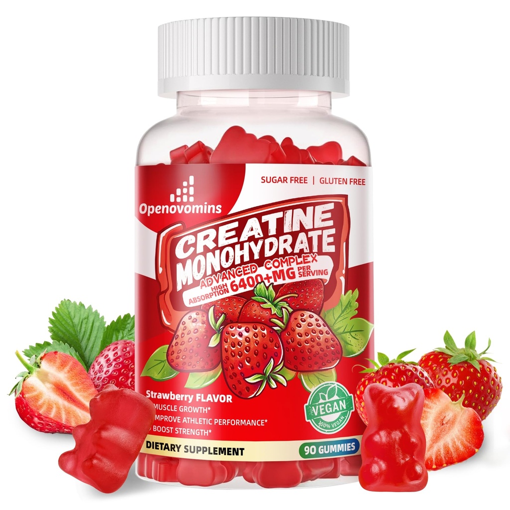 Creatine Monohydrate Gummys for Men and Women - Advanced Formulated W/L-Taurine + Vitamin B12,无糖蔬菜补充品,90 草莓果酱