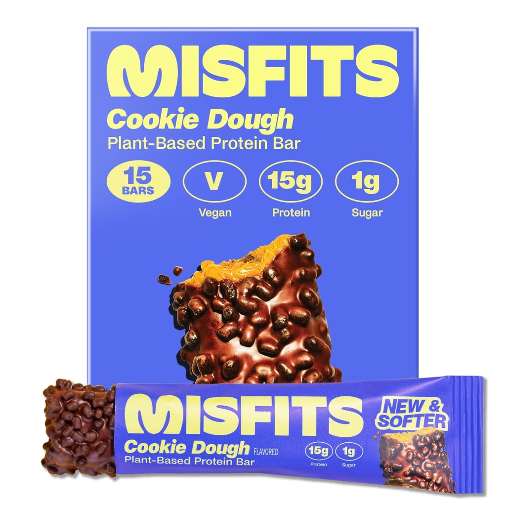 Misfit Vegan蛋白条, Cookie Dough - 更新的食谱 QQ 植物基,低糖和碳,高纤维ack QQ 15包