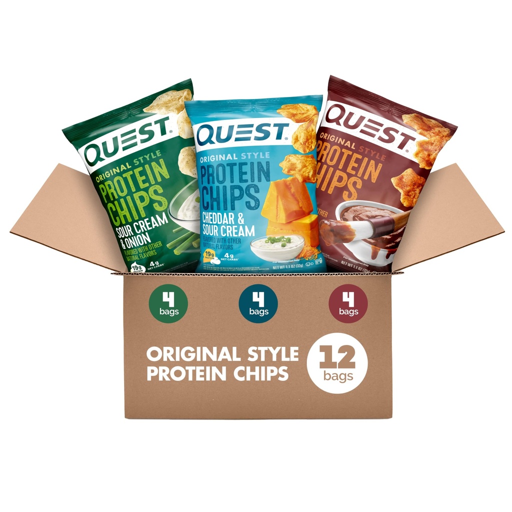 Quest营养蛋白芯片品种包,BBQ,Cheddar & Sour Cream,Sour Cream & Onion,高蛋白,低碳,1.1 oz(12包)