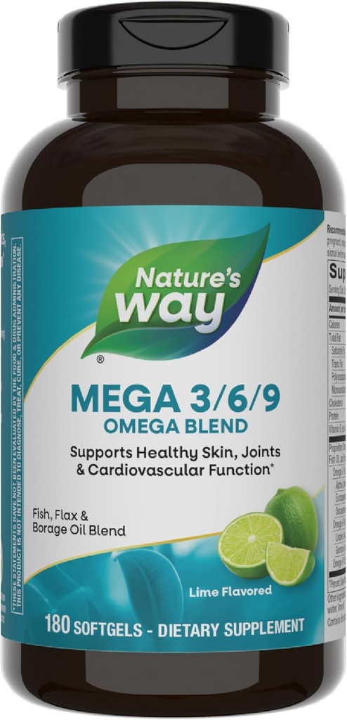 自然之道 Mega 3/6/9 Omega Blend, 支持健康的皮肤, 关节, 心血管功能 *, 鱼, Flax, Borage Oil, 180 Lime Flawared Softgels (Packaging May Vary)