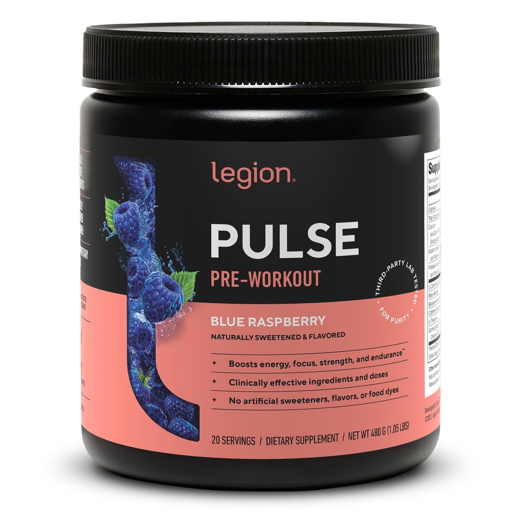 LEGION Pulse Pre Workout - 所有天然氮氧化物预处理饮料给布尔斯特能源,Creatine Free,自然甜化,Beta Alanine,Citrulline,Alpha GPC(蓝莓)