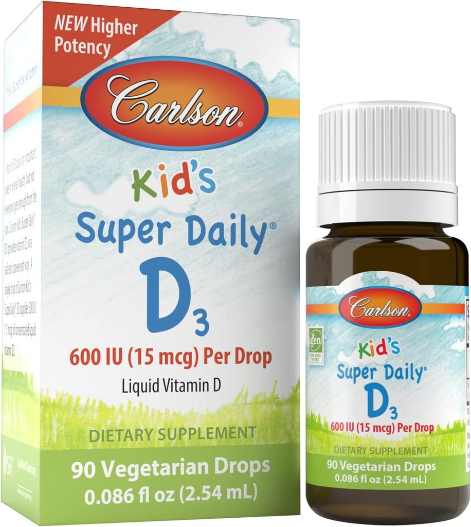 Carlson Kid's Super D3, 600 IU(每滴15 mcg) – Liquid Vitamin D D D D drops for Kids, 90 drops (2.54 mL), 蔬菜, 无味