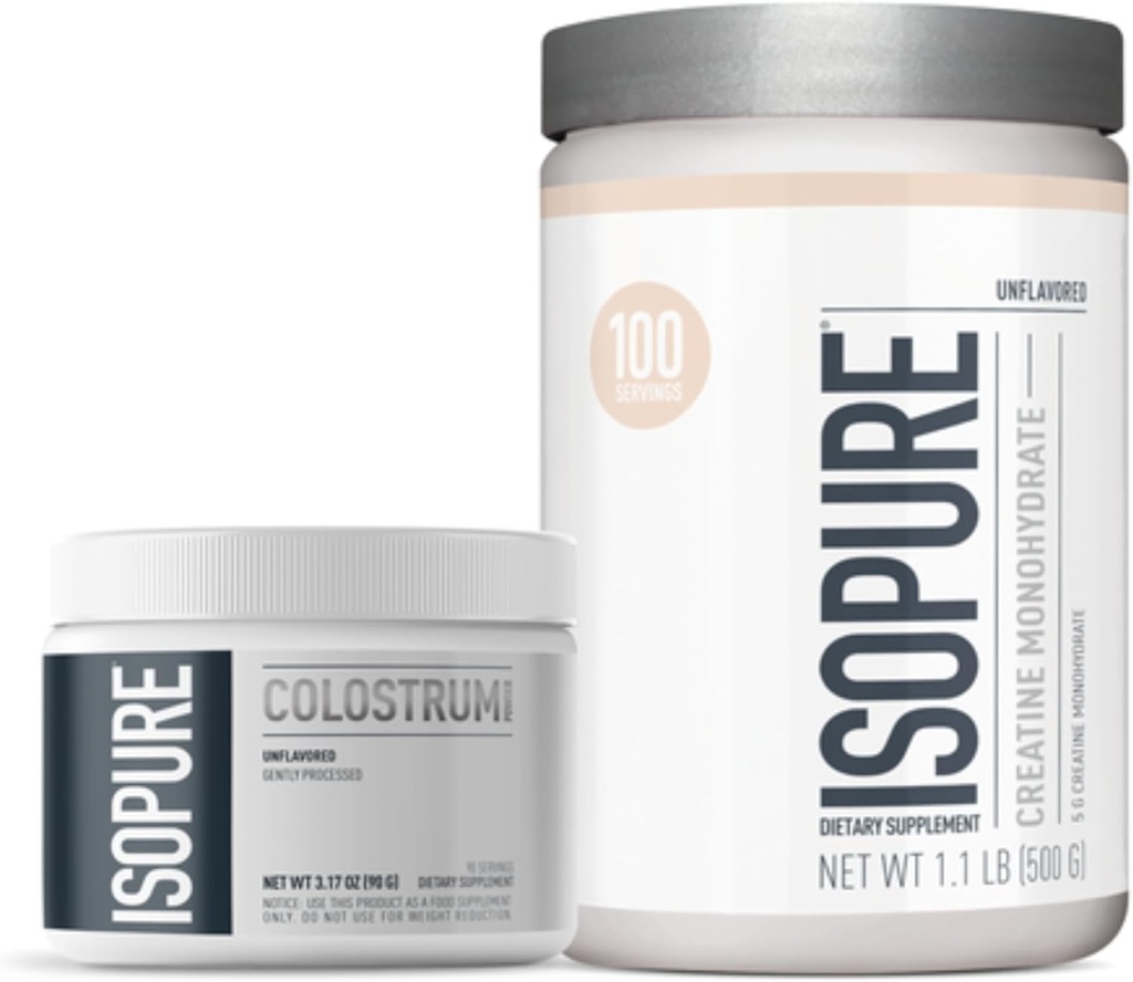 同位素Bovine Colostrum 补充粉末, 基因加工, 90 services + 异位素Unflavored Creatine Monohydrate Powder, 5g Creatine Monohydrate per Scoop, 100 services, 500g
