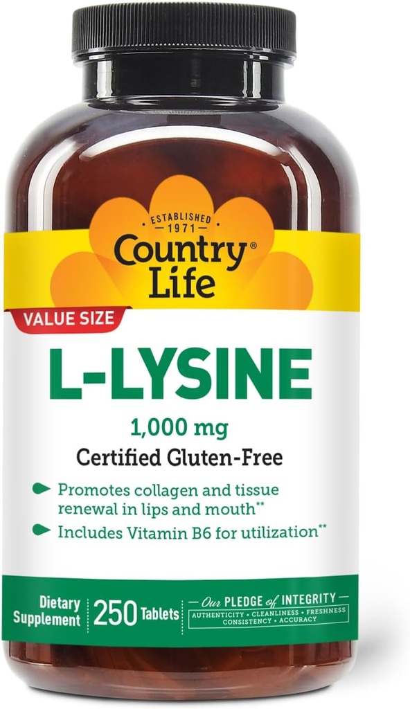 乡村生活 L-Lysine 1000mg 配有 B-6, 支持免疫健康, 促进唇和嘴的凝胶更新, 250-Count, 认证 Gluten Free, 认证 Vegan
