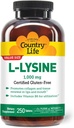 乡村生活 L-Lysine 1000mg 配有 B-6, 支持免疫健康, 促进唇和嘴的凝胶更新, 250-Count, 认证 Gluten Free, 认证 Vegan