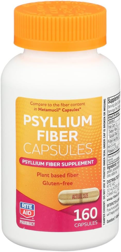 Rite Aid Psyllium Fiber Capsules, 160 Counter, Psyllium Fiber Supplement, 100% 天然 Psyllium Husk Fiber 帮助恢复常态 促进消化健康