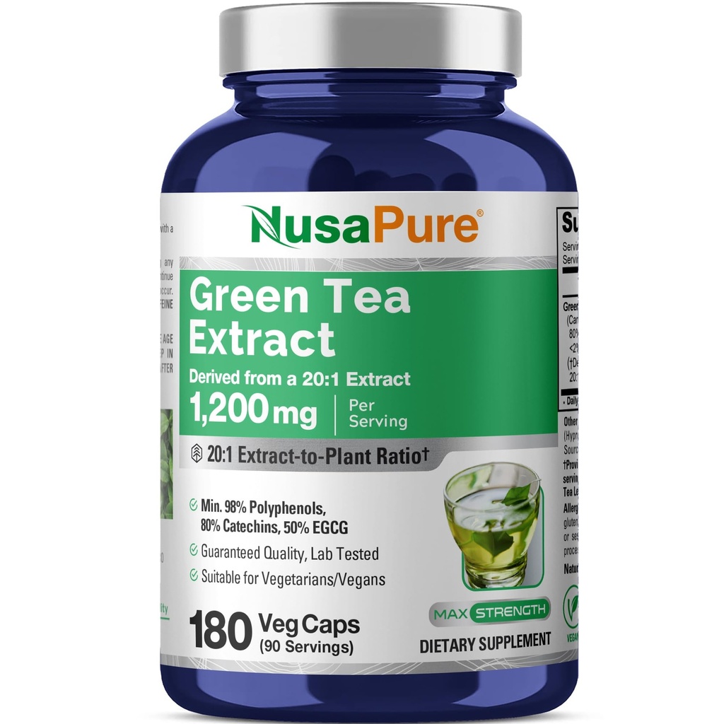 NusaPure Green Tea 20:1 提取物,1200 mg 等重至24,000mg,180 Vegan Capsules,50% EGCG,98% 多酚,80% Catechins