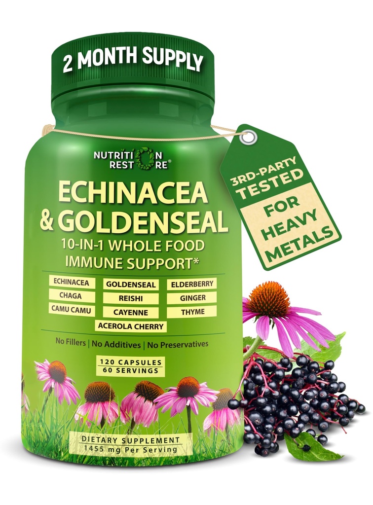 Echinacea Goldenseal Capsules - 1 Immune支助补编-1455mg - Vegan Echinacea Capsules 有机全食品制造补编 - 草本免疫系统支助 - 2个月供应