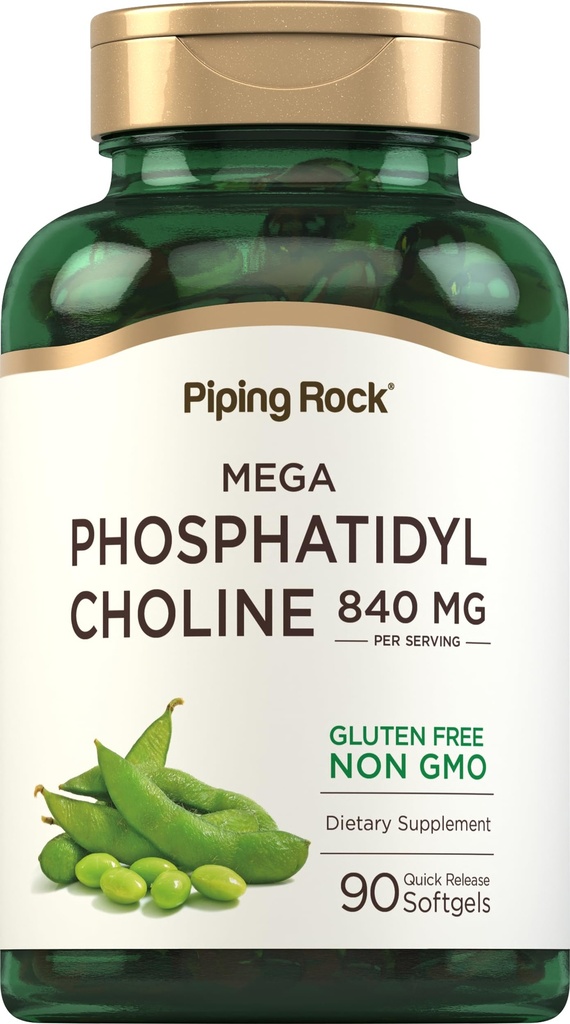 Pipping Rock Phospatidyl Choline Supplement → 840 mg → 90 Softgels → 来自Soy Lecithin → Non-GMO, Gluten Free (英语).