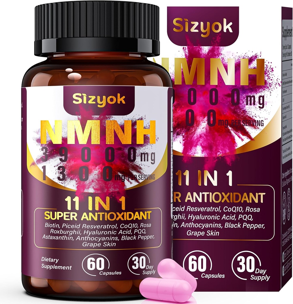 NMNH 补充物(二氢亚硝基ide) 补充Resveratrol, CoQ10, Biotin & Hyaluronic Acid + 支持细胞能量,代谢和皮肤健康, 60 Capsules, Pink