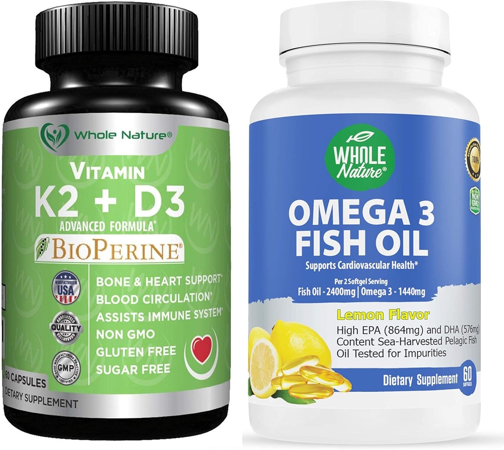 K2+D3 配有 Bioperine Plus 钙 Omega 3 鱼油最有效 共同支持心和骨健康,关节和大脑