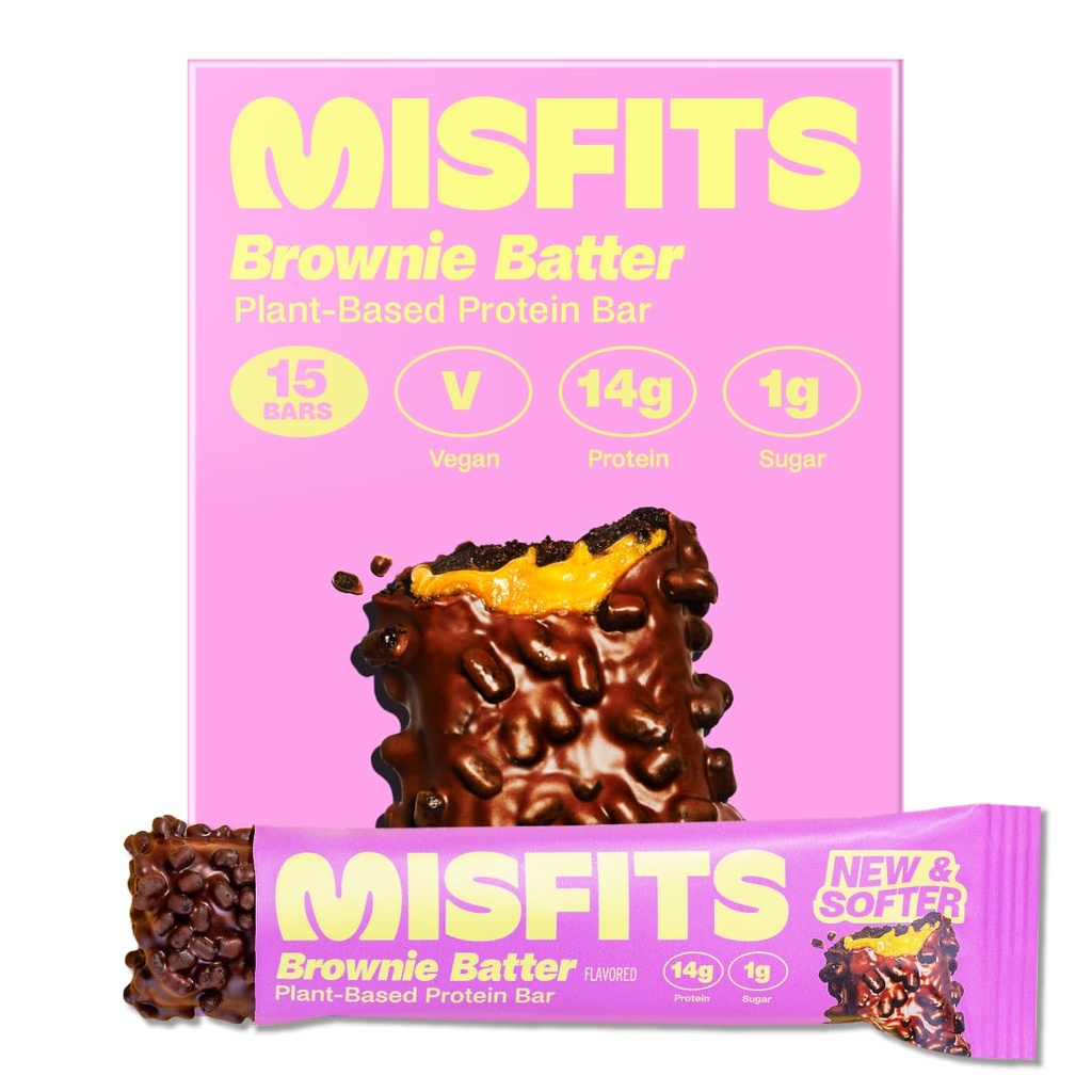 Misfit Vegan蛋白棒, Brownie Batter - 更新的食谱 + 植物基, 低糖和碳, 高纤维 + 15包