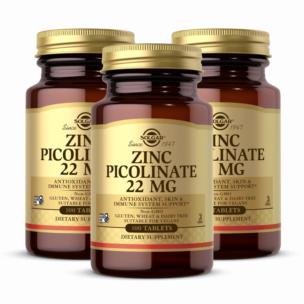 Solgar Zinc Picolinate 22 mg, 100 片(第3包) - 促进健康皮肤 - 支持免疫系统, 正常味觉和视觉 - 抗氧化剂 - 非GMO, Vegan, Gluten Free, Kosher - 300 总功用