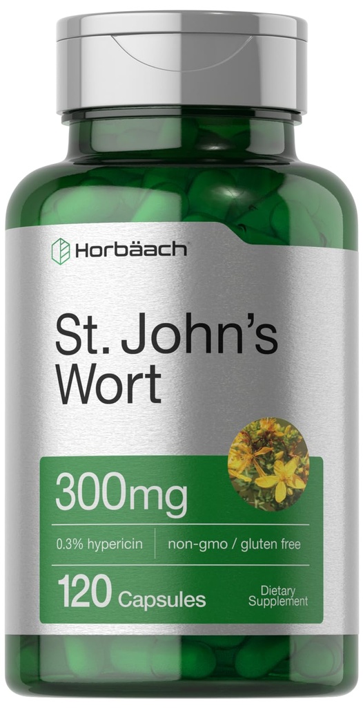 Horbäach St John's Wort Capsules 300mg = 120 Counter = 非GMO, Gluten Free = 草药提取器