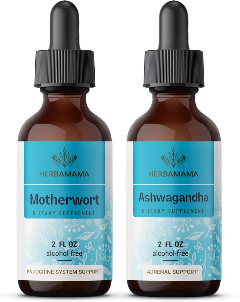 HERBAMAMA 草药液滴 Kit - Motherwort 提取器和 Ashwagandha Tincture 2 fl oz - Vegan,非GMO,糖和无酒精 - 2包