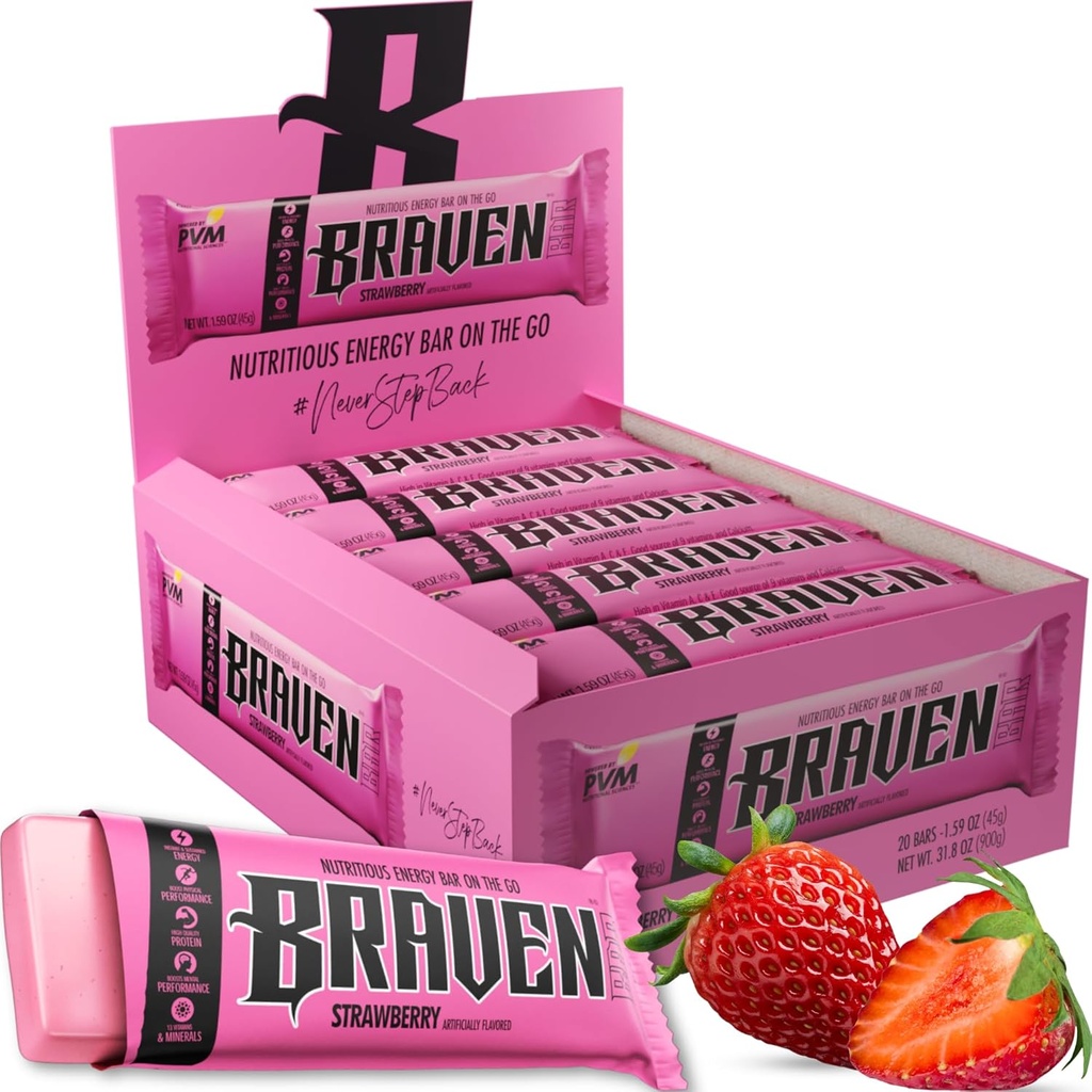 Braven Bar Strawberry Energy Bars (1.59 oz, Pack of 20) – Energy Chews with 5g 蛋白质 – On-the-Go Energy Snacks for running, Hiking, and Sports - Gluten Free Snacks for 持久能源助推器