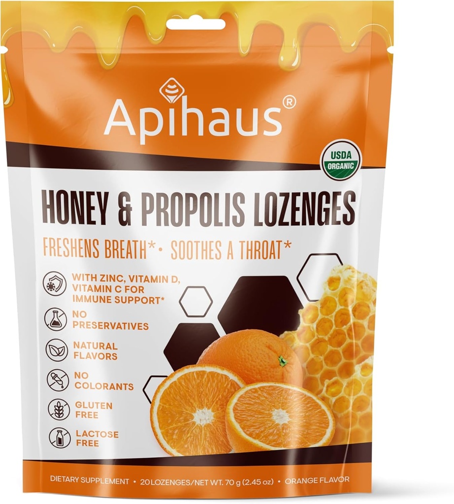 Honey and Propolis Lozenges Orange Flavor, Freshens Breath - Soothes a Throat - Immune 支持维生素C,维生素D和锌,20 伯爵