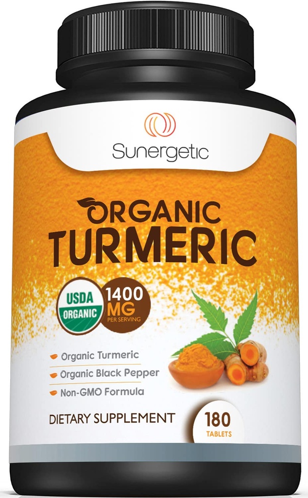Sunergetic USDA 认证有机图尔克补充剂 — — 包括有机图尔克和有机黑辣椒 — — 1,400 mg 的图尔克/每架图尔克 — 180 counter (Pack of 1)