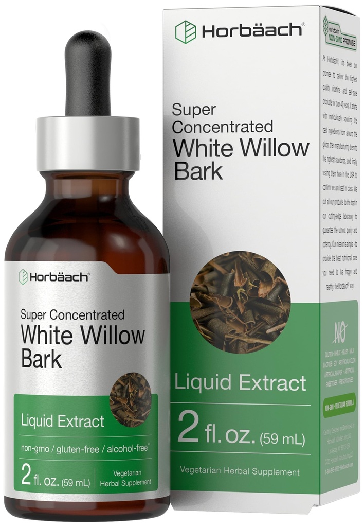 Horbäach White Willow Bark Textture → 2 Fl oz → 无酒精液体补充 → 超级集中 → 蔬菜,非GMO, Gluten Free