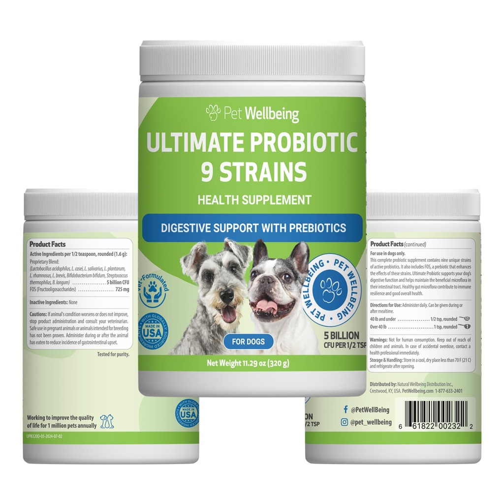 Petwelling Ultimate Probiotic 9 Strains for Dogs & Cats - 支持古特微生物和消化、免疫系统护理、尿道切克健康、FOS, 2.5亿 CMU - 11.29 oz(320克)粉末