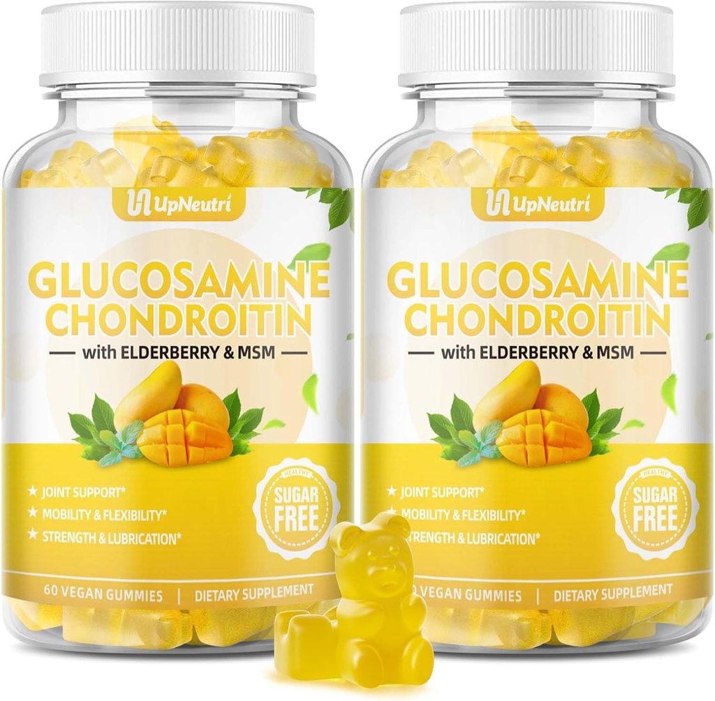 不含糖的Glucosamine Chondroitin Gummys, 含有Chondroitin MSM & Elderberry & Turmeric 的超强1500mg Glucosamine, 男女联合支助补充 移动自由联合健康