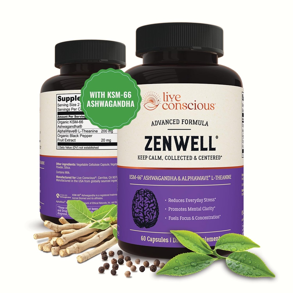 现场意识KSM-66 Ashwagandha 补编 Theanine & AlphaWave - Zenwell 每日压力缓解、认知、脑健康 - Ashwagandha 男女- 60 Capsules