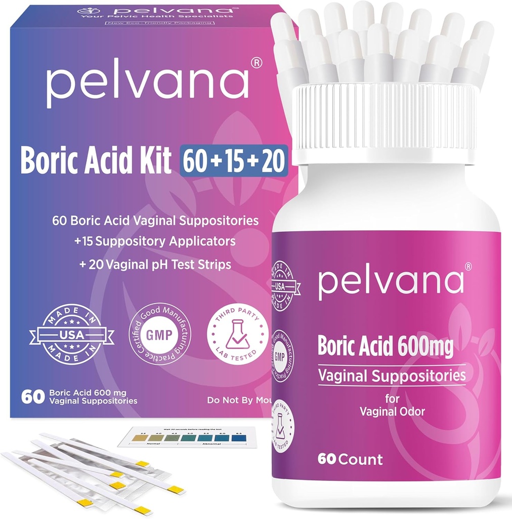 女性Pelvana Boric酸药箱 60+15 施用器+20 pH测试带 = 95 Piec Kit for Vincal Odor - 第三方实验室在美国测试和制造