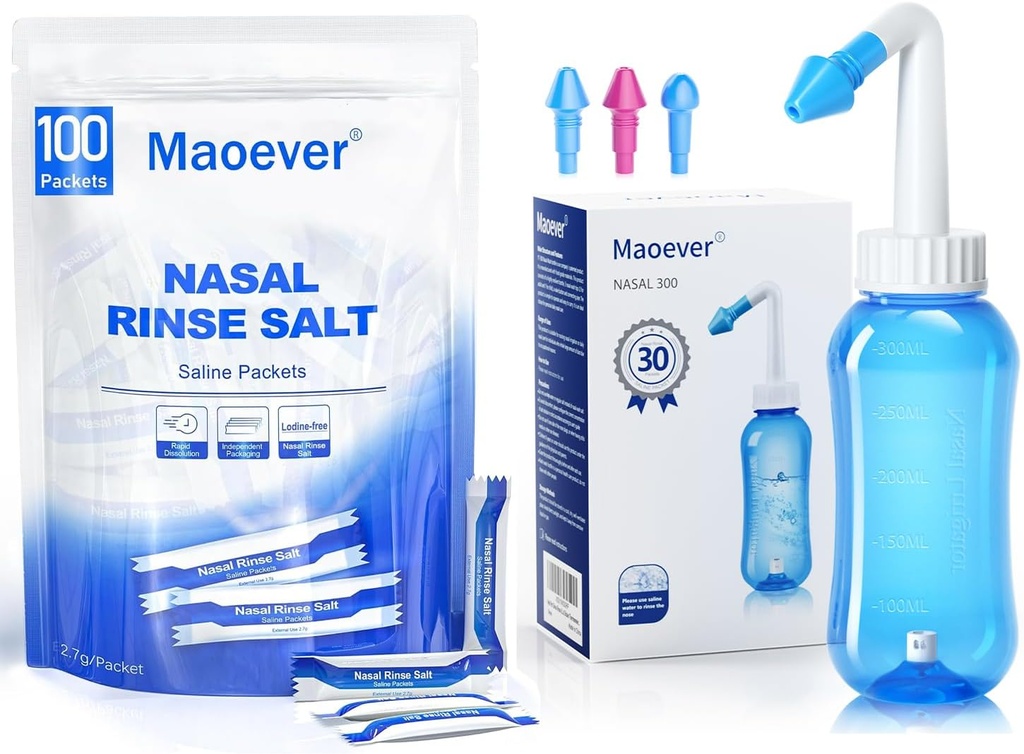 MAOEVER Neti Pot,配有130个鼻水洗盐包 Sinus Rinte瓶 鼻水洗净压力 鼻水灌溉 成人和小孩 BPA 免费300 ML 粘贴温度计