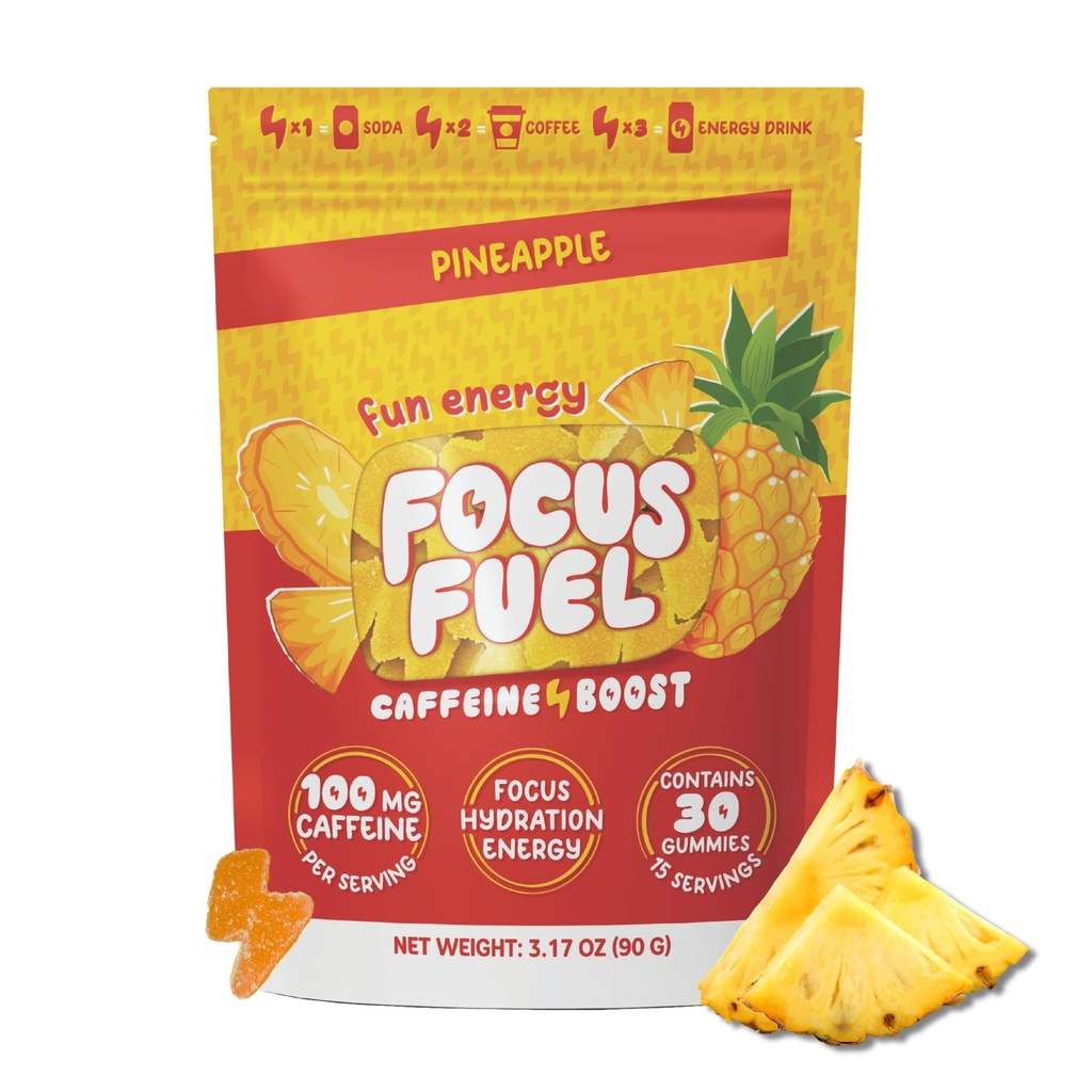 FocusFuel Energy Chews – Pineapple Flavor (15 services) – 100mg Cafeine + Alpha GPC + L-Theanine + B12, 镁 – 热带能源靴 – 不发生碰撞或Jiters