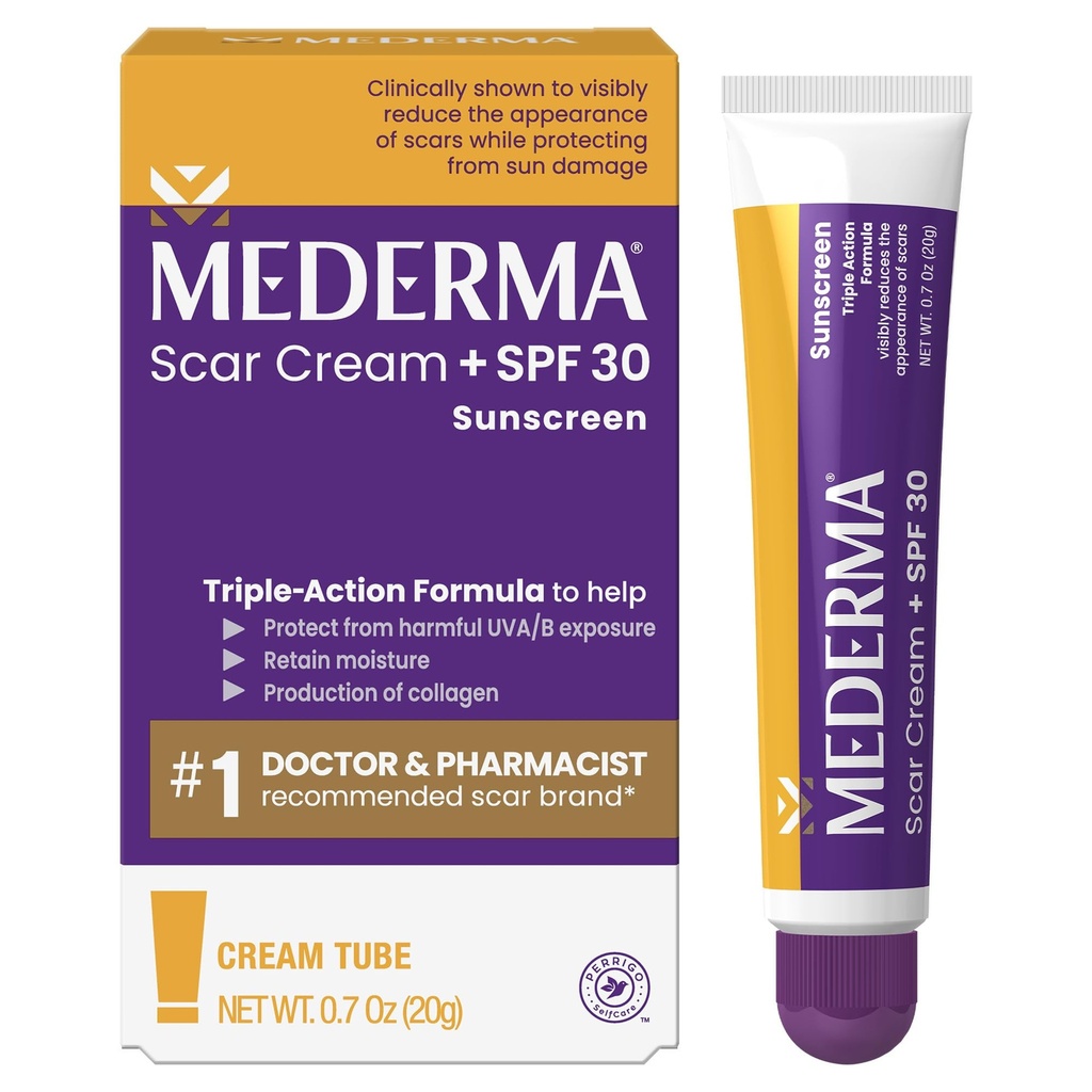 Mederma 刀疤奶油加SPF 30 - 高级刀疤治疗、防止太阳受损、减少疮、烧伤、外科和伤疤的外观,0.7 oz