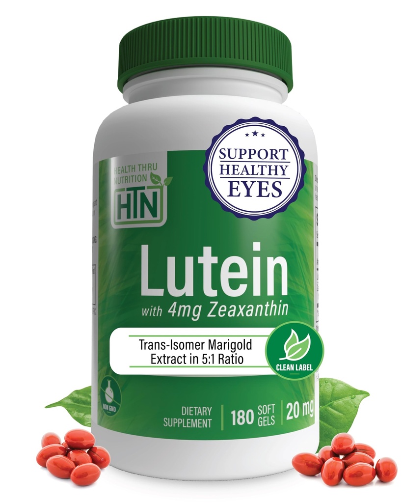 Lutein 20 mg 与 Zeaxanthin 4 mg 180 Softgels – 全译 Marigold 提取于自然 5:1 比率 – 支持健康眼,皮肤和大脑 – n-GMO 豆和Gluten free – 由健康营养(Health Thru Nature)制作.