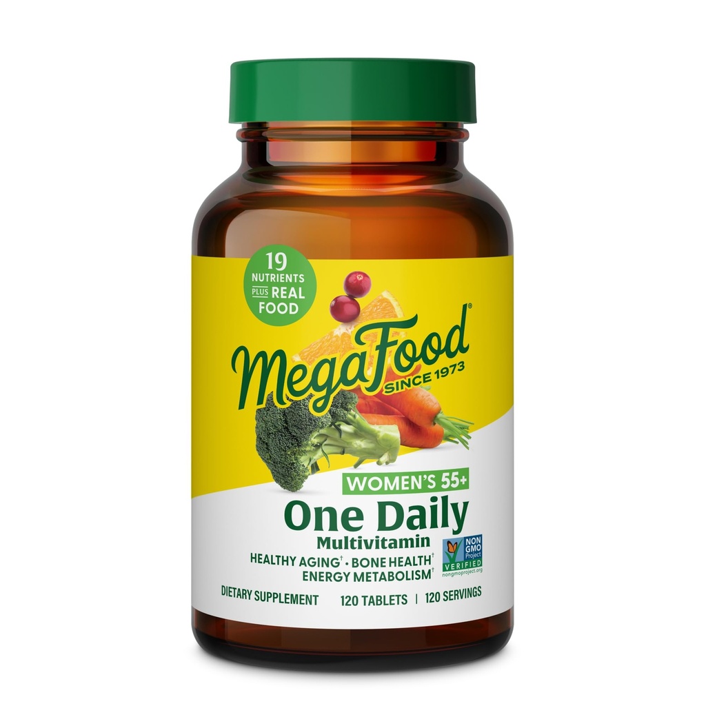 MegaFood Women's 55+ One Daily multivitamin for Women - 有维生素A, C, D3 & E 用于优化年龄支持 - 加真食品 - Bone & Immune支持补充 - 蔬菜 - 120 Tabs