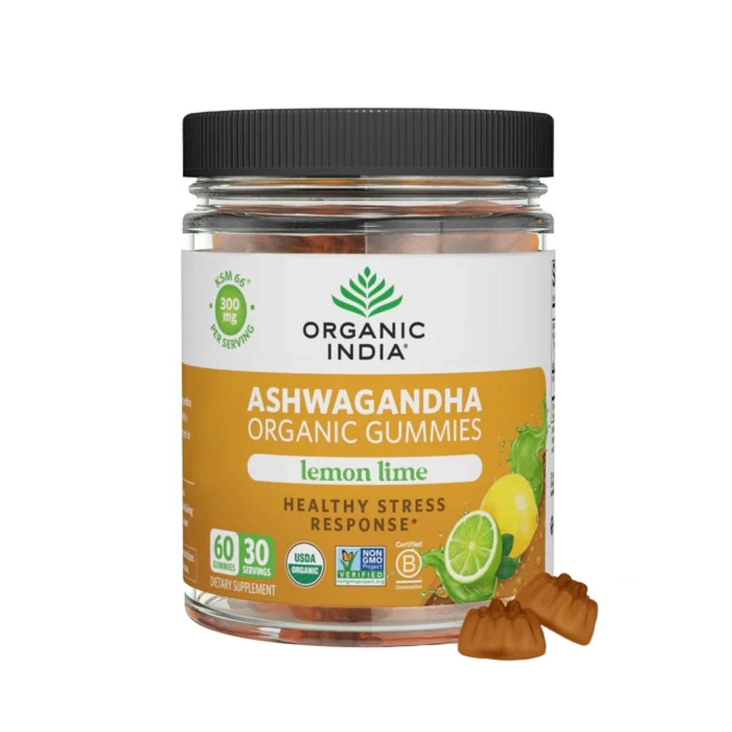 ORGANIC INDIA Ashwagandha Gummys for Men and Women - 压力补充剂,KSM-66 Ashwagandha Root, Extrastruction, Calm Chews, Vegan, Non-GMO - 柠檬液, 60 Gummys