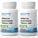 纯基因实验室 Ferrous Gluconate 324 mg[高概率]铁补充剂,胃上的Gentle | 2 Pack - 200 片共计