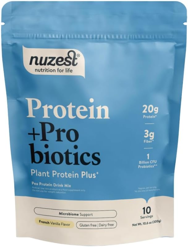 Nuzest - 蛋白质 + Probiotics - Gut Health - 超级食品 蛋白质植物 Blend - 300g / 10.6 oz Pouch (10 services) (法语:Vanilla, 300g)).