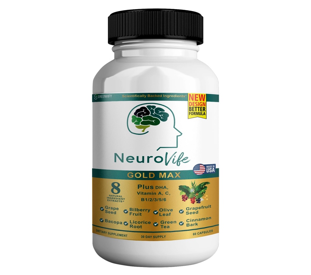 Neurovife Gold Max Brain Support Supports → 8 天然提取与DHA,维生素A,C,B Complex → 60 Veggie Capsules →美国制造 (1)
