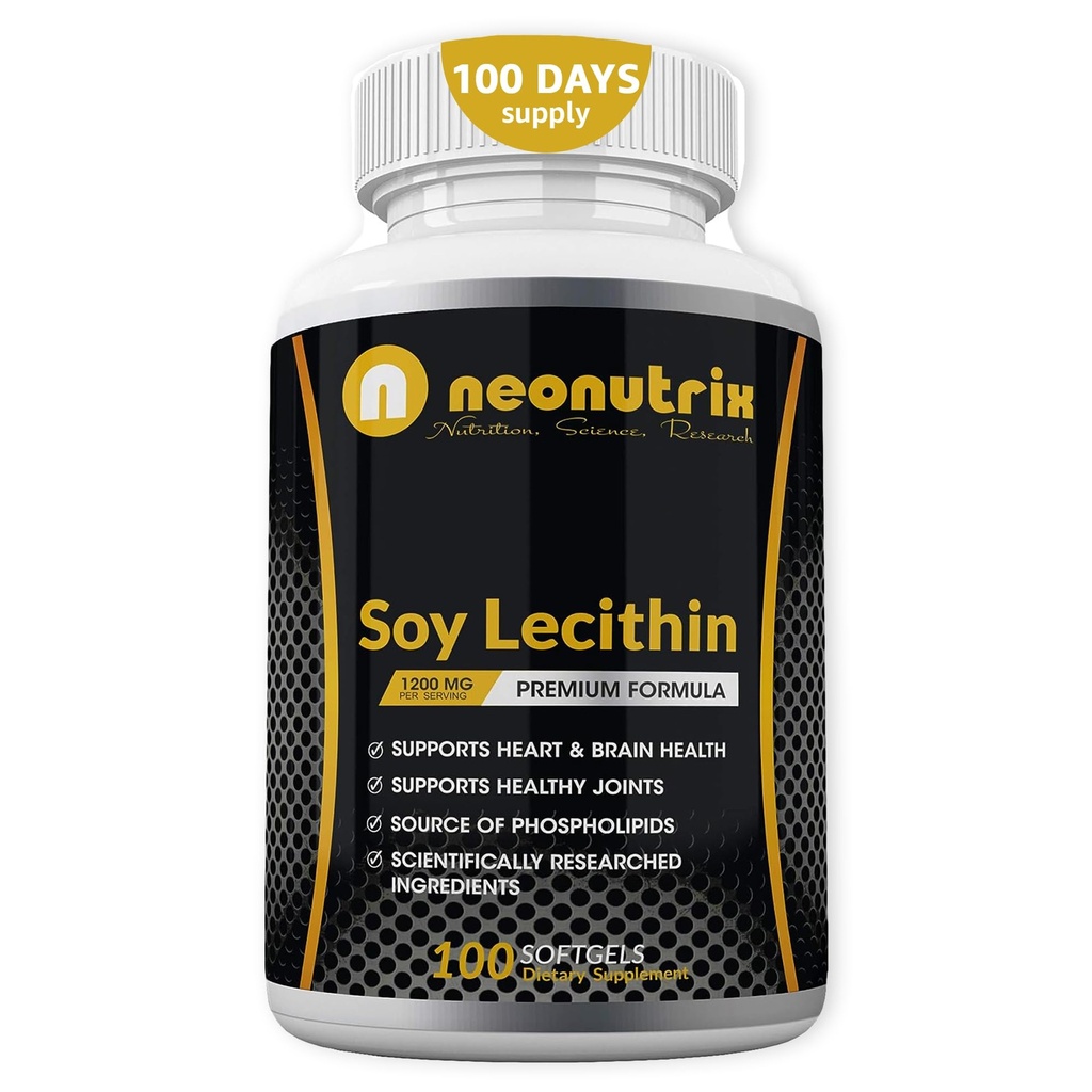 Soy Lecithin Capsules 1200 mg(每天1个,100个软胶) 磷脂类免疫辅助物富含支持代谢、脑和心脏健康与细胞功能,