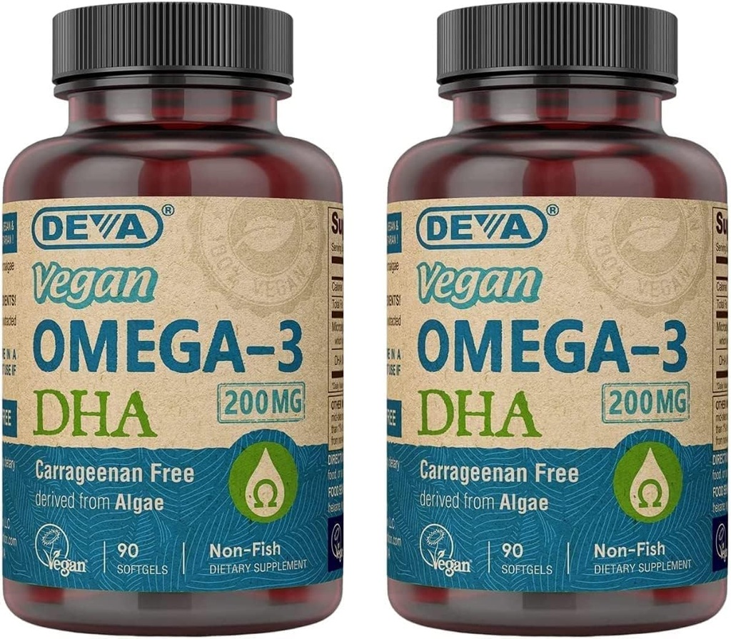 DEVA Vegan Omega-3 DHA 补充 - Once-Per-Day Softgels 200 MG - Carrageenan Free - Gelatin Free - 非 Fish - Algae Omega-3 Fatty Acids - 90 Softgels (Pack of 2) (简体中文).