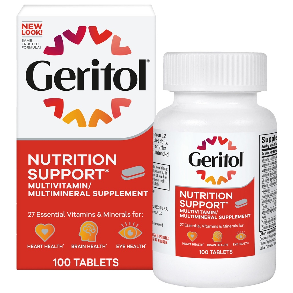 Geritol,多维生素补充剂,含有B-维生素、抗氧化剂、维生素C、E-D和铁、26种基本维生素和矿物、无葡萄糖、非GMO、无人工甜剂、100片