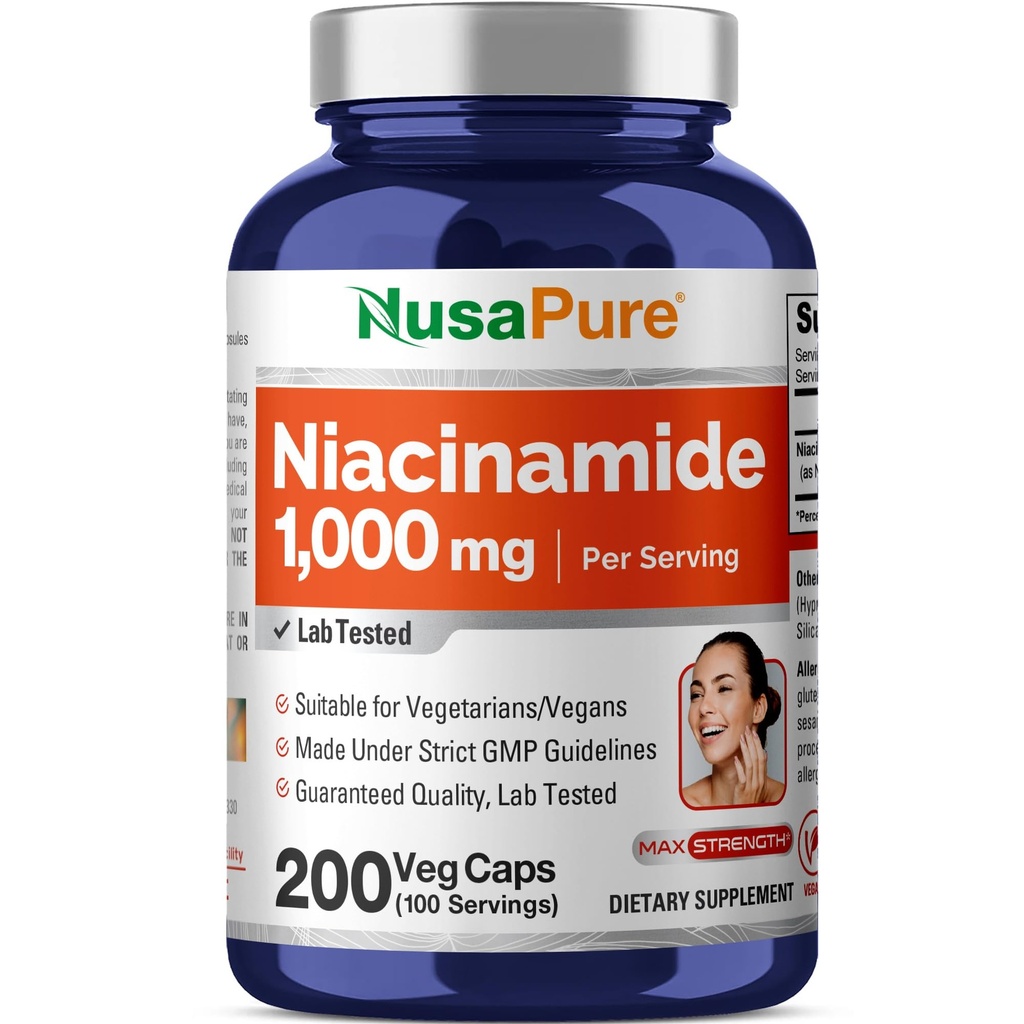 NusaPure Niacinamide 1000mg 200 Veggie Capsules (非GMO, Vegan) Flush Free(无胶囊)